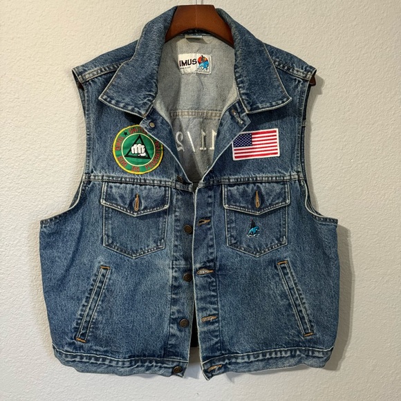 Imus Sleeveless Blue United States Flag Patched Button Down Denim Jacket Size XL - Picture 10 of 14